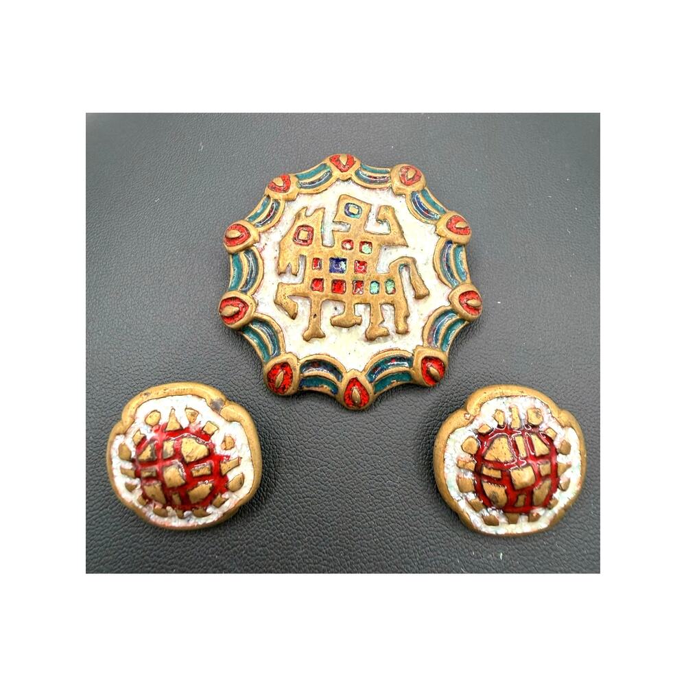 Vintage Handmade Bronze Cloisonne Enameled Brooch & Earring Set